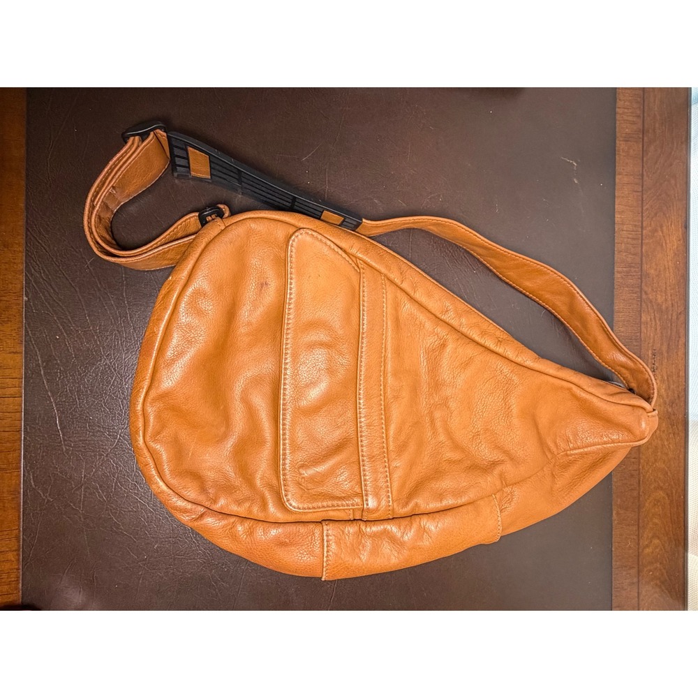 AmeriBag Healthy Back Bag Cognac Tan Pebbled Leather Ergonomic Sling Bag Small